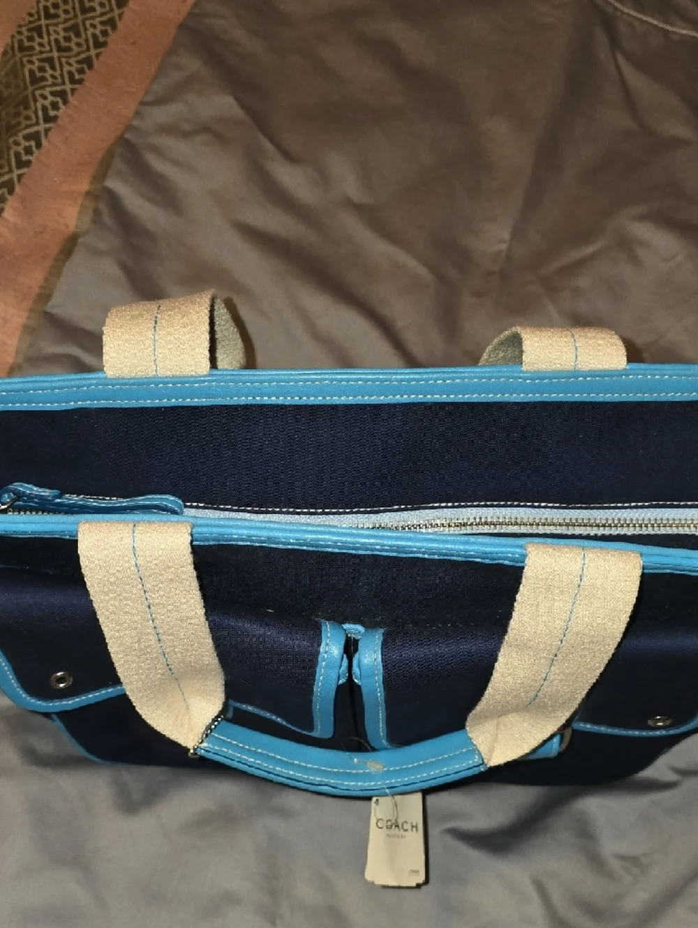 NWT Coach Twill Garden Tote with Light Blue Trim and Cream Handles‎